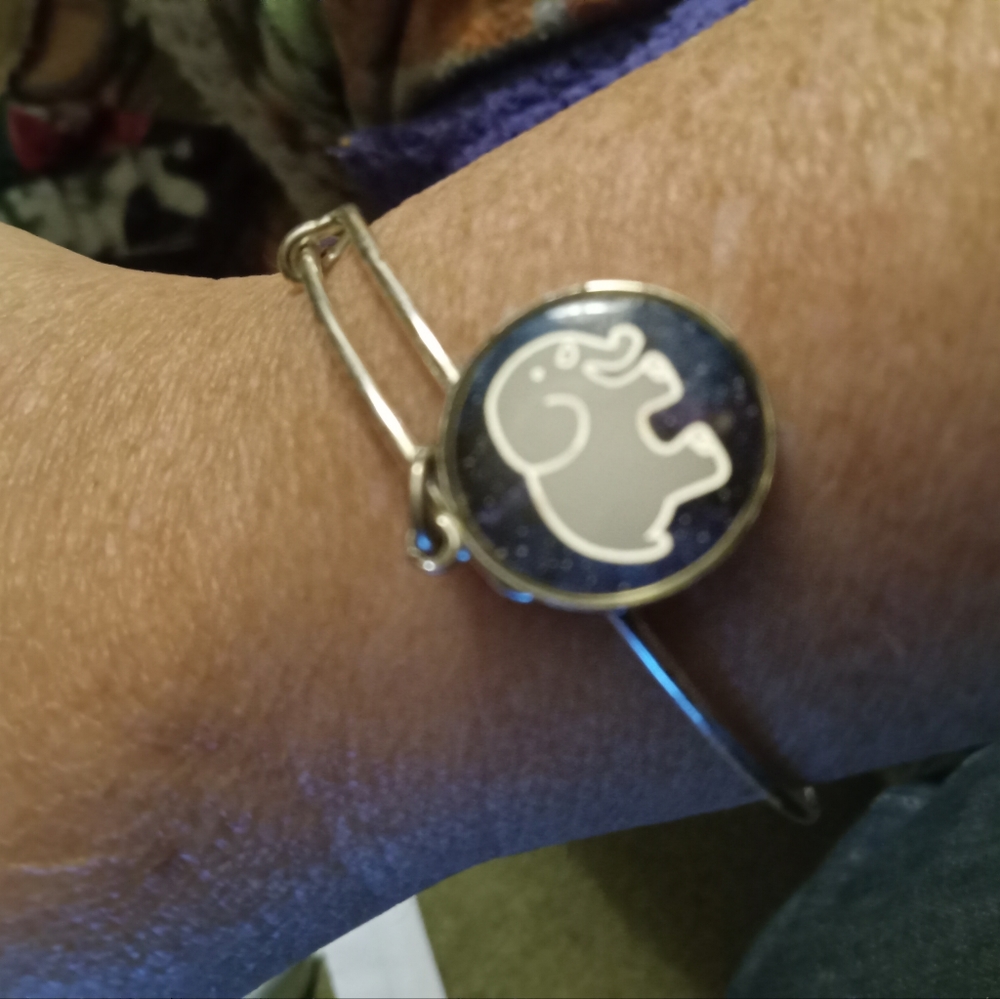 Alex and Ari Silver tone bracelet with White Elephant charm on blue sparkly back
